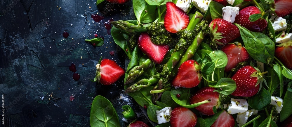 Poster a vibrant salad featuring strawberries spinach asparagus and feta with a pesto dressing offering a b