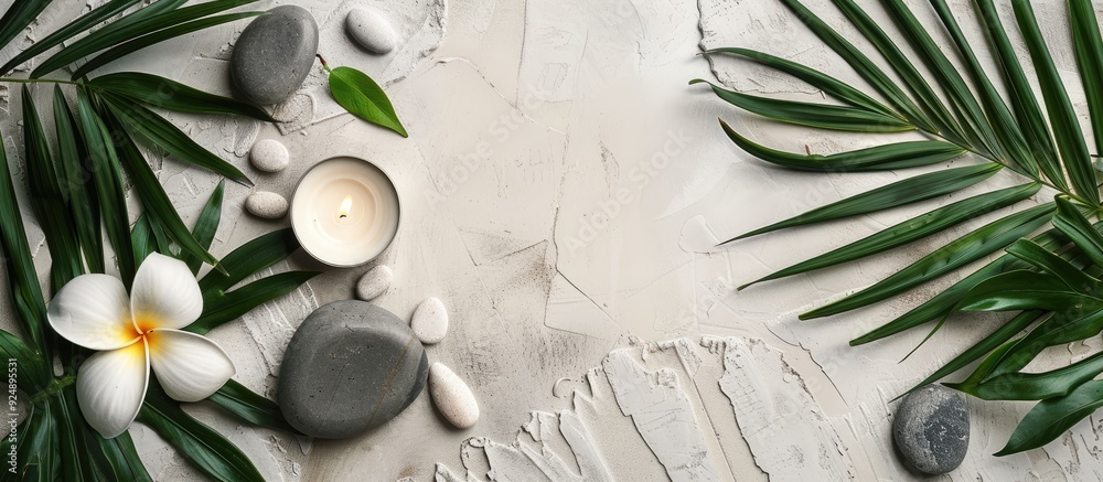 Poster Zen like grey stones a candle flower and palm leaves arranged on white stone background for a relaxing spa concept viewed from above with empty space for text or image. Creative banner