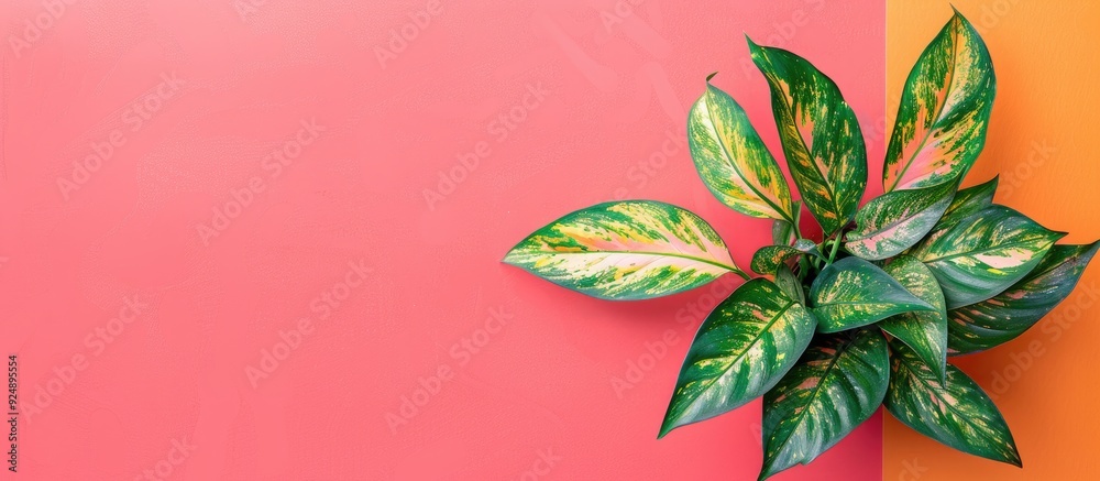 Poster Flat lay of a houseplant on a vibrant background with copy space image