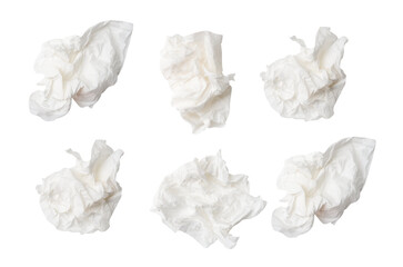 Top view set of white screwed or crumpled tissue paper ball after use scattering isolated in png...