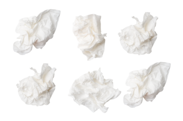 Top view set of white screwed or crumpled tissue paper ball after use scattering isolated in png file format