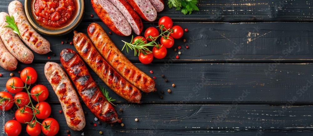 Poster varieties of tasty sausages sauce and tomatoes arranged on a black wooden table in a flat lay compos