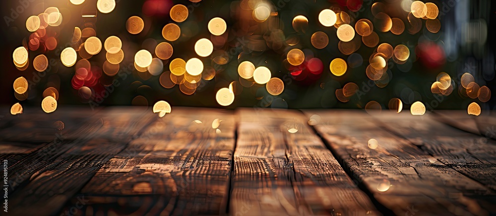 Leinwandbilder a wooden table with a blurred christmas tree background adorned with twinkling lights serves as a fe