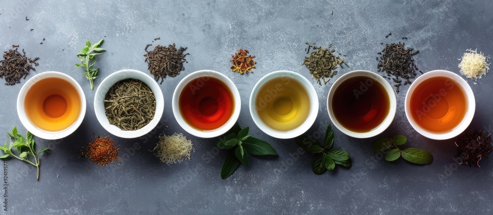 Aufkleber Various flavors of tea create a diverse and appealing selection ideal for enjoying with a serene moment as depicted in the copy space image