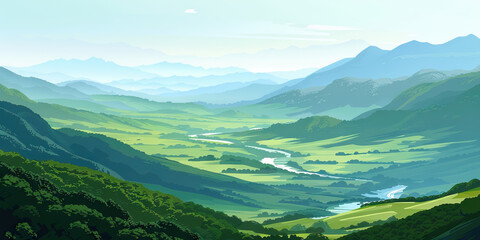 Naklejka premium Valley Views: Rolling Hills and Vast Valleys - Picture a background featuring expansive valleys, rolling hills, and meandering rivers, ideal for setting the scene for a valley hike