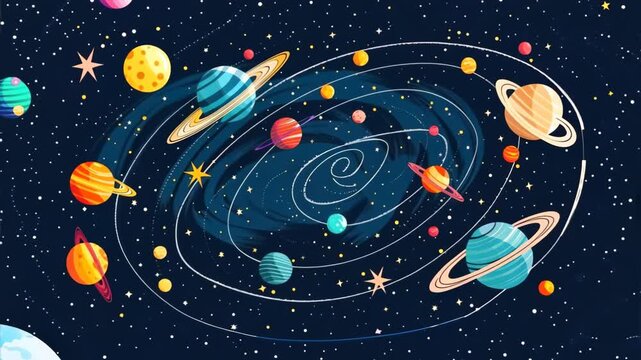 Vector flat illustration of the solar system with all planets and rings, in a cartoon style.