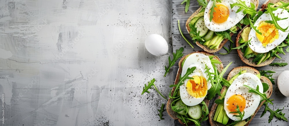 Poster sandwiches with avocado arugula boiled eggs mozzarella cheese on toast on gray wood background with 