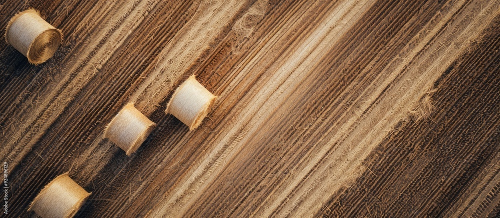 Poster overhead perspective of hay bales on a clear harvested field with copy space image