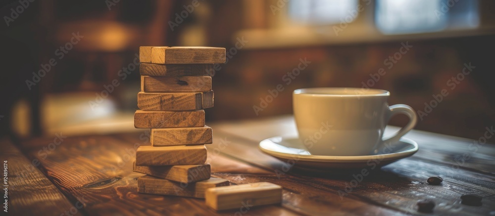 Aufkleber Enjoy a game of Jenga with a hot cup of coffee in hand creating a cozy atmosphere with a homely touch perfect for a relaxing afternoon. Creative banner. Copyspace image