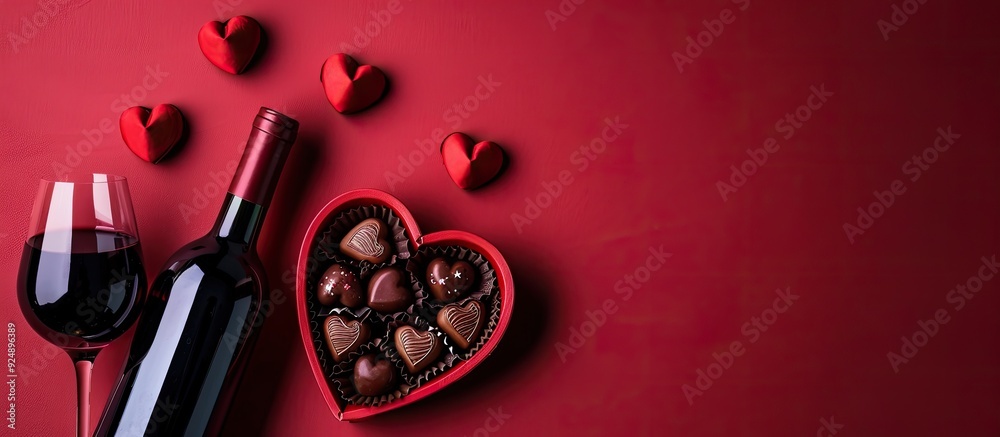 Leinwandbilder valentine s day themed top view photo of heart shaped gift box of chocolates on a red colored backgr