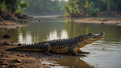 Obraz premium crocodile on the river bank in the morning