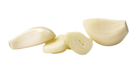 White peeled garlic clove with slices or pieces in stack isolated with clipping path in png file format