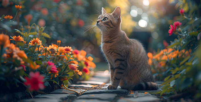a cat sitting on a brick path next to flowers