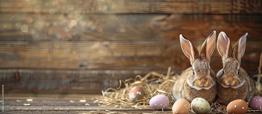 Poster a wooden background holds two easter bunnies surrounded by decorated eggs ideal for easter postcards