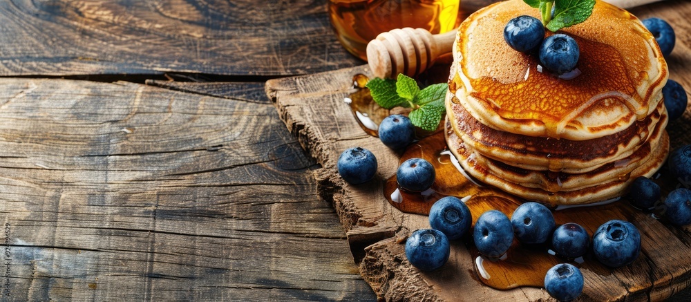 Poster A tempting display of pancakes topped with honey and blueberries on a wooden backdrop offering copy space image