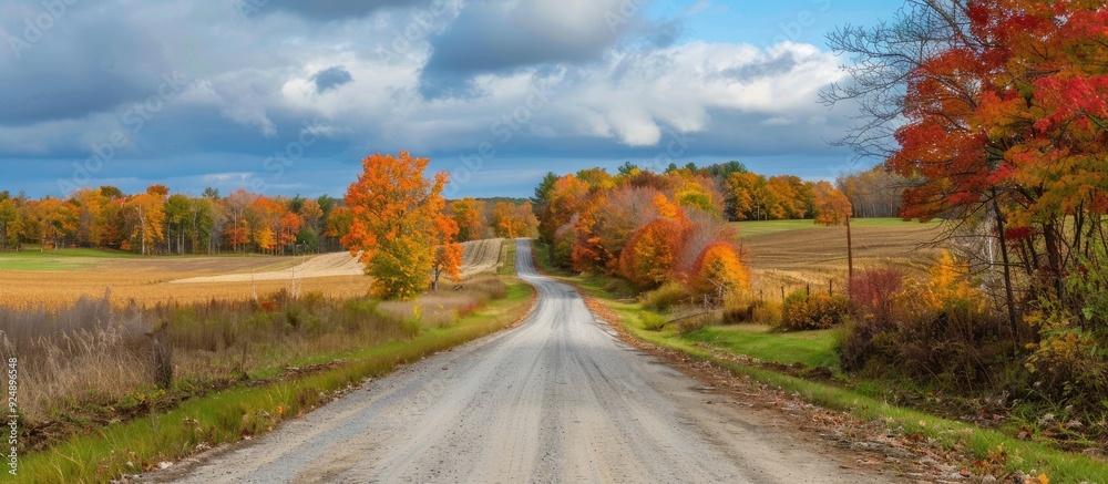Poster An inviting country road bordered by vibrant autumn foliage creating a picturesque setting with room for a copy space image
