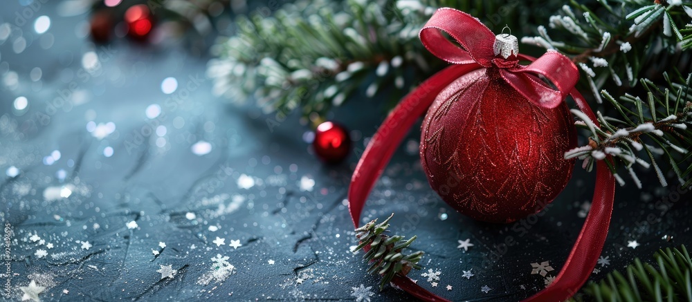 Poster Festive Christmas ornament with a ribbon for decoration set against a background suitable for additional images or text insertion copy space image
