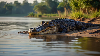 crocodile on the river bank in the morning