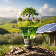 Eco-friendly light bulb with a blooming miniature green world inside,symbolizing sustainable energy and environmental protection