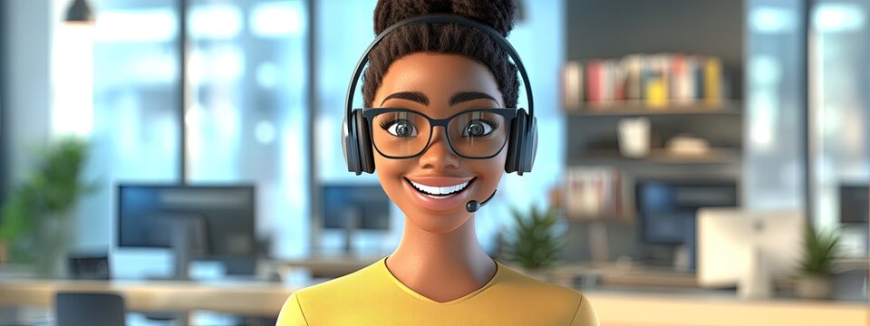 3D Cartoon of a cheerful black customer service agent with a headset responding to calls in a lively office setting An animated mature telemarketing professional smiling at the viewer with space f
