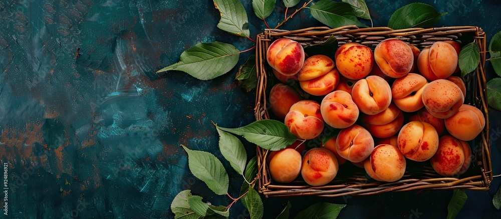 Poster Freshly harvested apricots displayed in a basket arranged in a top view pattern with leaves for a charming copy space image