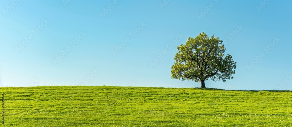 Poster Spring landscape showcasing an oak tree in a green field under a clear blue sky ideal for featuring text or other elements in the copy space image