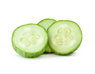 Front view of fresh green cucumber slices or pieces in stack isolated on white background with clipping path