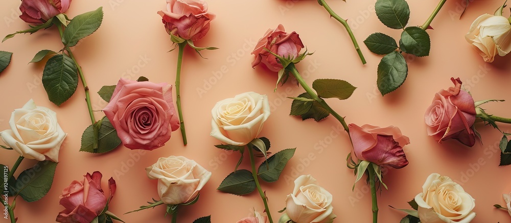 Aufkleber A lovely display of roses on a soft pastel backdrop with room for adding text in an image meant for a minimalist design concept. Creative banner. Copyspace image
