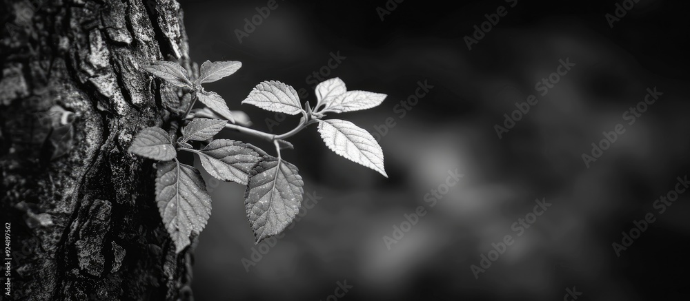 Fototapete monochrome image of fresh leaves sprouting on aged tree with copy space image