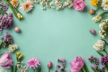A frame of vibrant flowers on a pastel green background, ideal for holiday greeting cards.