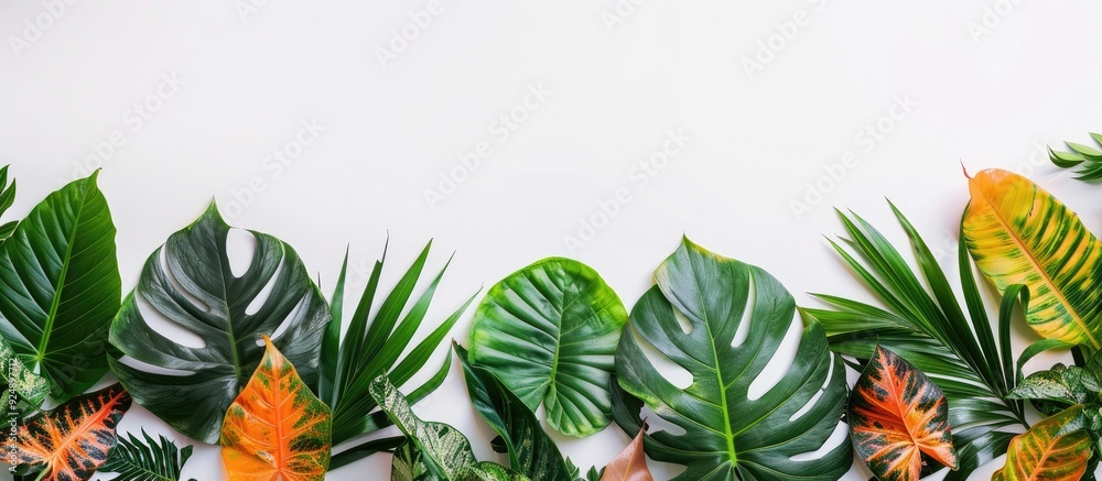 Poster Minimal summer arrangement featuring colorful tropical leaves on a white backdrop enhancing an exotic concept with ample copy space image for a border layout