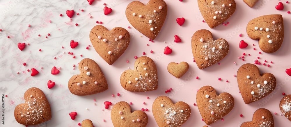 Fototapete Valentine s Day themed greeting card featuring gingerbread cookies displayed in a flat lay view with room for additional text or graphics in the image