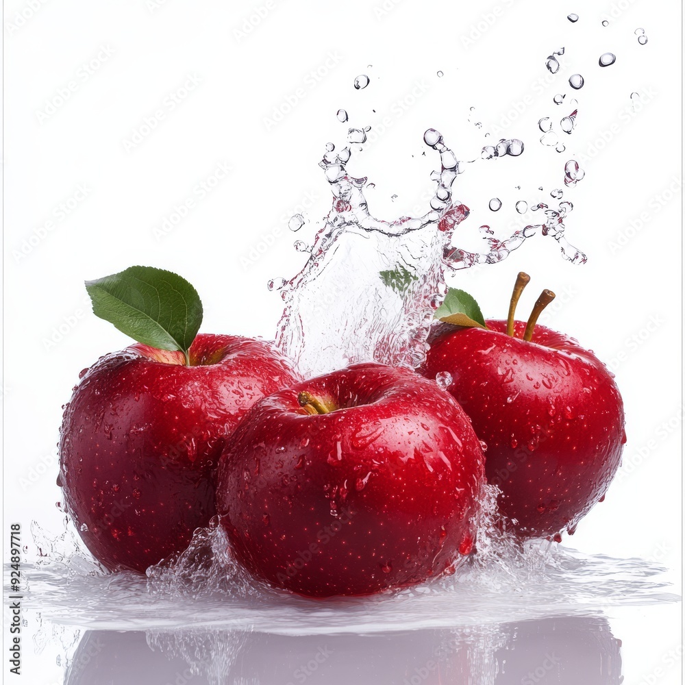 Wall mural a red apple falls in a splash of water on a transparent background