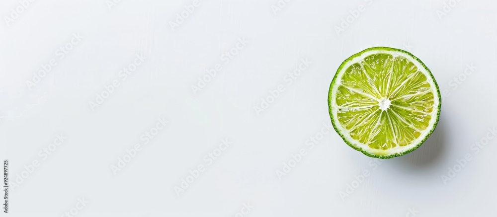Aufkleber Top view of a lime slice on a white background with ample copy space image for text creating a flat lay pattern