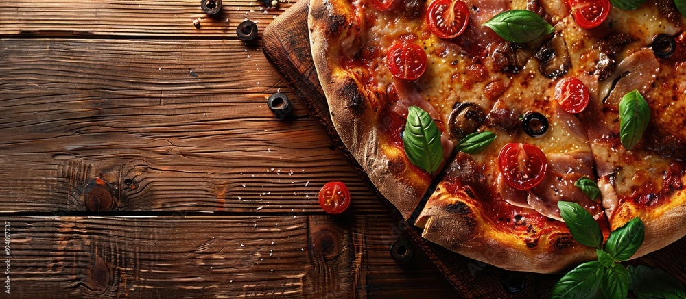 Poster A tempting pizza displayed on a wooden board with copy space image
