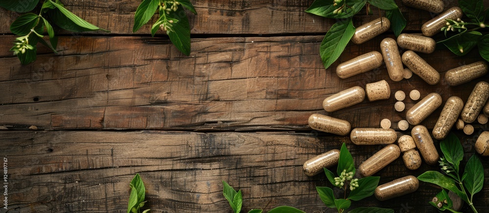 Poster top view of rustic wooden background with ashwagandha withania somnifera capsules ideal for a health