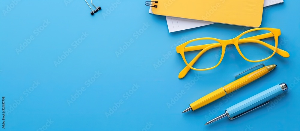 Aufkleber yellow reading glasses a pen and notes on a blue background with copy space image
