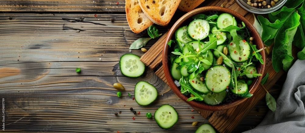 Aufkleber Table set with a tasty cucumber salad and crisped bread on wooden surface with room for adding text to the copy space image