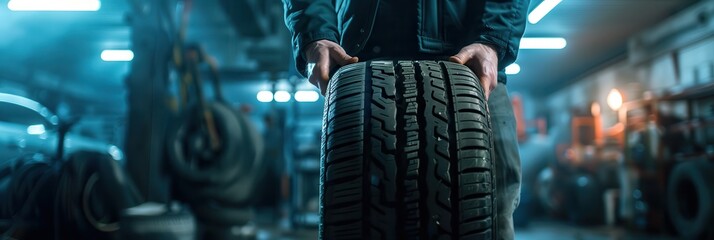 Tyre Service Shop: Mechanic Holding New Tire in Garage Background