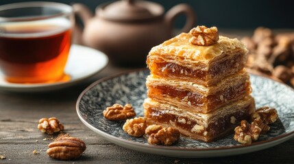 Turkish baklava with layers of flaky pastry, nuts, and honey syrup, served with a side of Turkish tea.