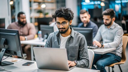 "Indian Software Developer in Tech Startup" – An Indian software developer working in a collaborative tech startup environment.
