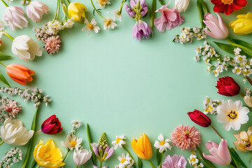 A frame of vibrant flowers on a pastel green background, ideal for holiday greeting cards.