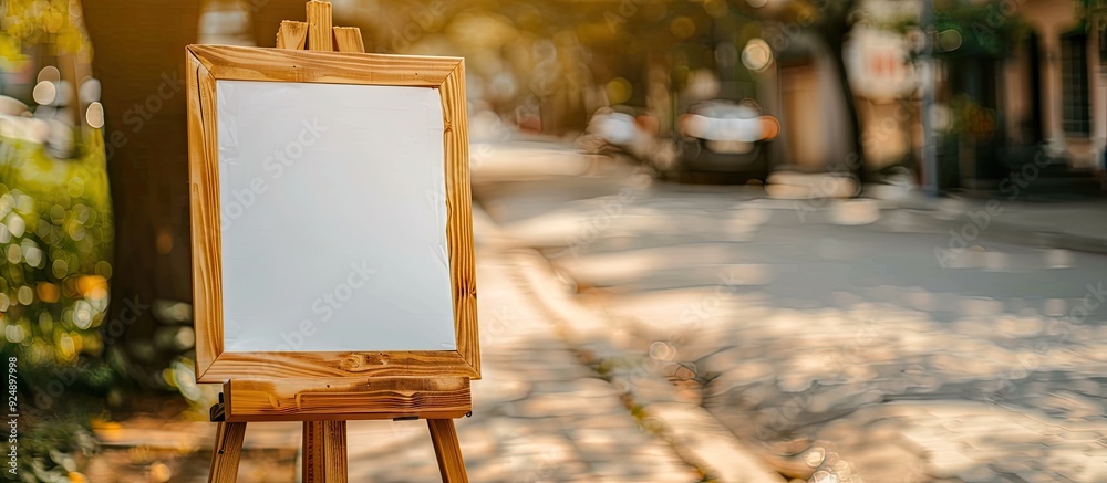 Poster A wooden sign with empty white space for text set on a sidewalk stand offers a versatile copy space image