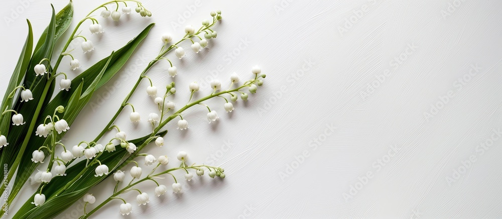 Poster Lilies of the valley on a white background with space for text or other elements in the image. Creative banner. Copyspace image