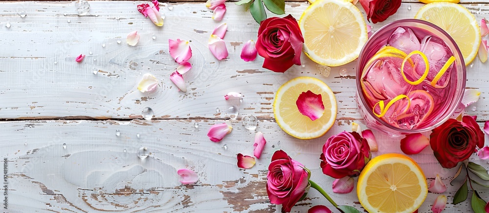 Poster A refreshing beverage with roses and lemon slices on a wooden surface with a white backdrop for text Copy space image