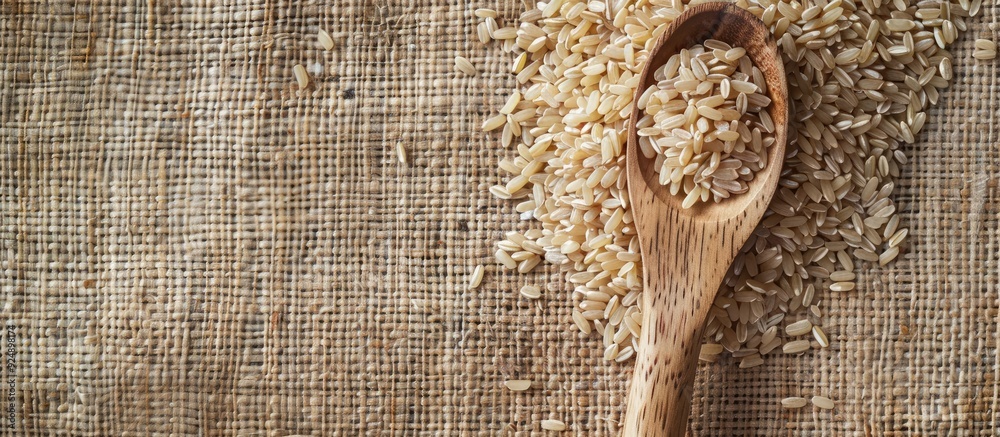 Poster top view of a wooden spoon with cereal on uncooked brown rice providing space for text in the image.