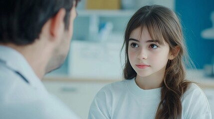 Obraz premium Young woman with long brown hair and a white sweater listens attentively to someone off-camera in a bright, modern interior setting with blue walls.