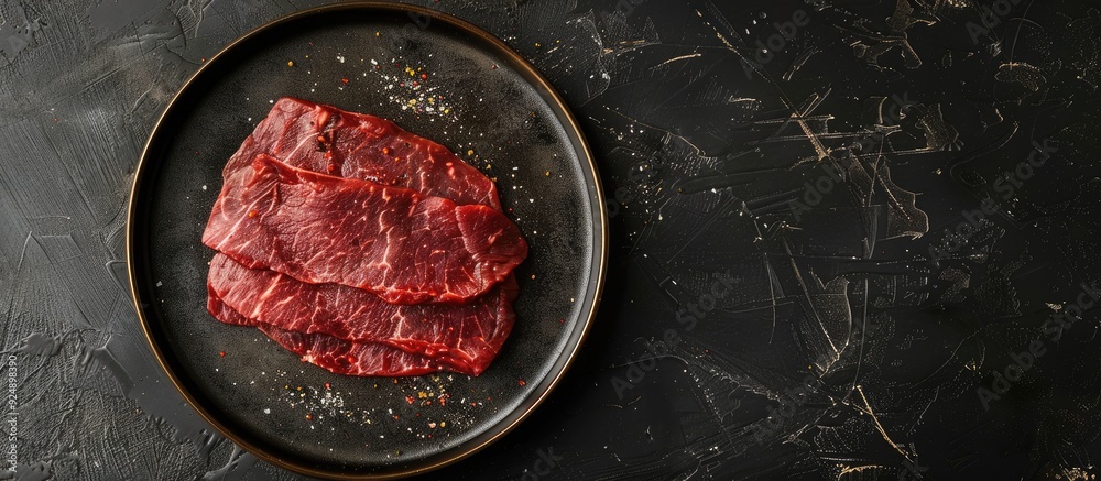 Poster Top view of a plate with a raw flank steak Dark background with copy space image