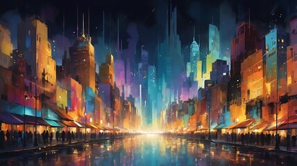 Fototapeta premium Futuristic city. Concept Art. Cityscape at night with bright neon lights. 3D illustration.
