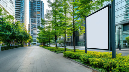 White blank billboard, banner on the streets of a modern city with lush green vegetation. Layout for advertising, design, signboard. Urban outdoor advertising